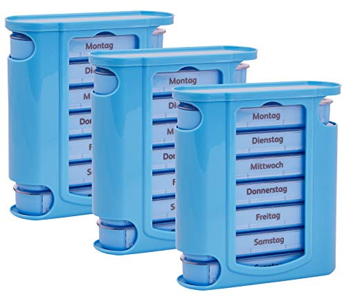 3x WELLGRO Tablettenbox für 7 Tage - je 4 Fächer pro Tag - 11,5 x 4,5 x 13 cm (BxTxH) - Farbe wählbar, Farbe:Hellblau