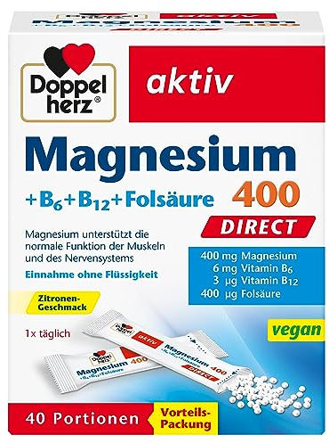 Doppelherz Magnesium 400 + B6 + B12 + Folsäure DIRECT - Magnesium unterstützt die normale Funktion der Muskeln und des Nervensystems - 40 vegane Portionen