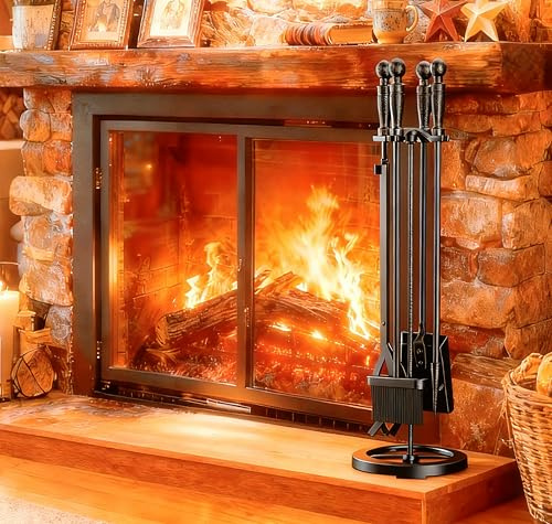 Fire Beauty Kaminwerkzeuge-Set 5-teilig Schmiedeeisen Feuerstelle Schürhaken Halter 78,7 cm H (Schwarz)