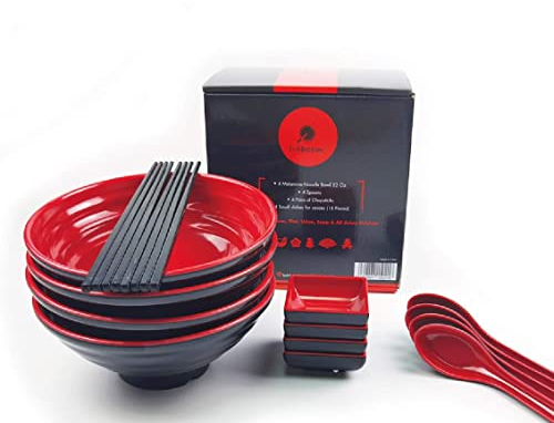 BALIBETOV Set Vajilla Japonesa de 16 piezas- Incluye 4 Cuenco Ramen, Palillos, Cucharas y Pequeño Plato para Salsa - Cuencos Japoneses Ideales para Comida Japonesa, China, Coreana o Pho-4 sets, 16pzs