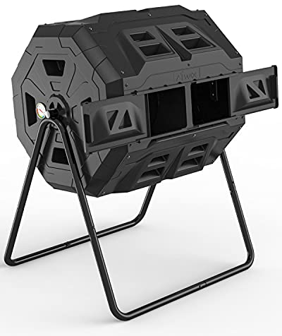 Bidone per compostaggio da 160 l, aggiornato con termometro per compost, compostiera da giardino a doppia camera (nero)