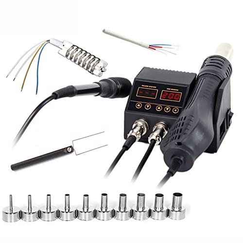 Hot Air Gun Rework Station,60W Soldering Iron Station 2 in 1 Hot Air Gun 100-500℃ Temperature Adjustable,Ceramic Heating Core,for Cellphone and Electronic Rework Repair,Combo1