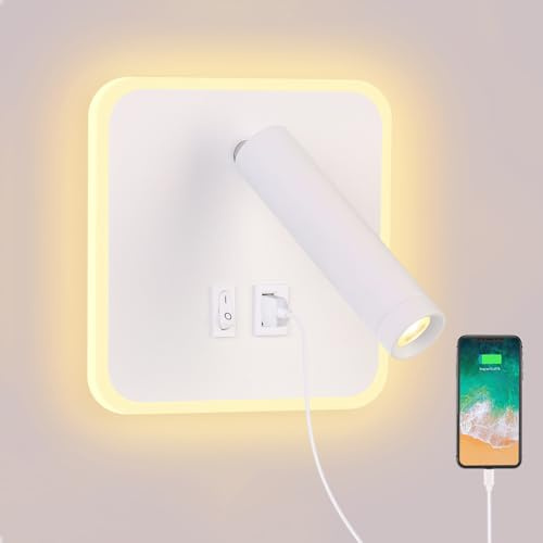 ERWEY LED Wandleuchte Leselicht Wandlampe Schlafzimmer Bettleuchte Leselampe Bett Wandmontage Nachttischlampe 3000K Wandleuchte 4000K Leselampe mit USB-Ladeanschluss (Quadratisch 138mm, Weiß)
