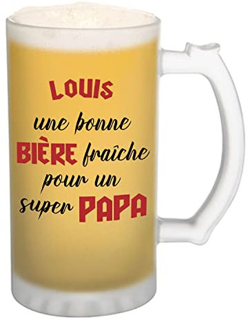 Planetee Chope de bière Louis Super Héros Super Papa - cadeau idée anniversaire Fête des Pères Humour - Verre givré 470 ml avec poignée Alcool Pinte
