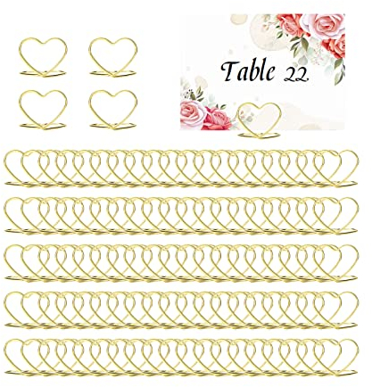 YWNYT 100 Stück Tischnummernhalter, Herzform, kleine Größe, Tischkartenhalter, Mini-Metall-Foto-Namenskartenhalter, Hochzeit, Sitz-Etiketten, Tischkarten-Clips, Tischkartenständer für Hochzeiten
