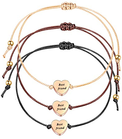 3 Stück Rosegold Herz Freundschaftsarmbänder mit Gravur Best Friend Set für Frauen Mädchen,Liebes Damen Armband Stoff Zum Zuziehen Geschenk für Mama Beste Freundin Freunde BFF Weihnachten Geburtstag