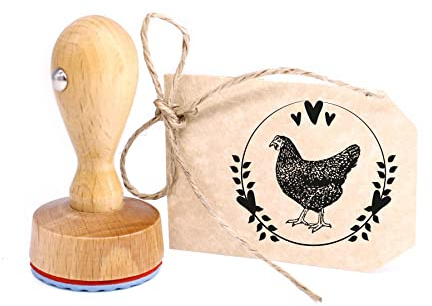 Stempel Huhn mit Herzen Vintage Kranz - Rundstempel Eierstempel Eier von glücklichen Hühnern - 39x35 mm
