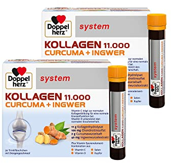 Doppelherz system KOLLAGEN 11.000 CURCUMA + INGWER – Vitamin C trägt zur normalen Kollagenbildung für eine normale Funktion von Knorpeln und Knochen bei – 2 x 30 Trinkfläschchen