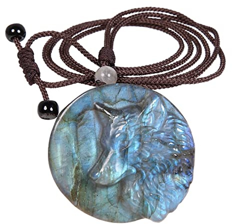 KYEYGWO Natürlicher Labradorit Stein Anhänger Kette Schmuck Wolf