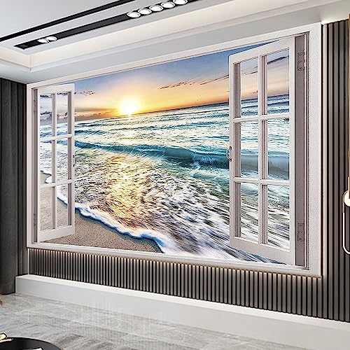 Trayosin Diamond Painting Fenster Strand Full Drill Kit 5D Diamant Bilder für Erwachsene DIY Malerei für Wohnzimmer Büro Wand Dekoration Geschenk (100x70cm)