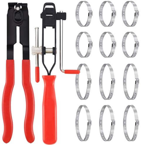 14 Pince Collier Ensemble, Pince Colliers Cardan,Comprend 2 Outils, 12 Bandes de Sertissage, Convient à Plupart Kits d'Outils de Sertissage Automobile