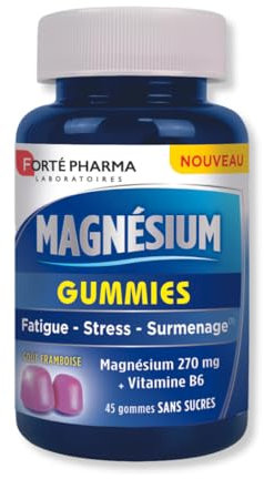 Forté Pharma - Magnesium Gummies stress - Complement Alimentaire Complexe magnesium - Magnesium Vitamine B6 - Stress Adulte Et Enfant 4 ans - 45 gommes à mâcher - Goût Framboise