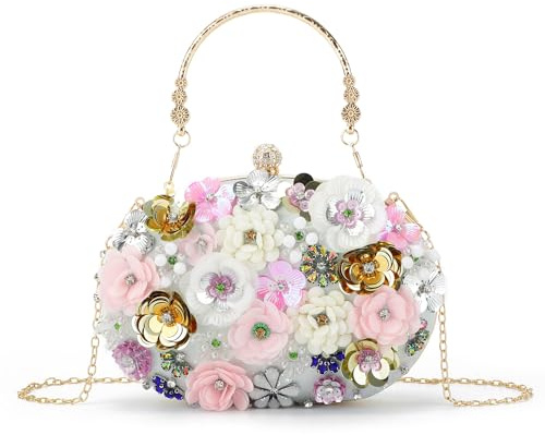 EVEOUT Élégant Pochette Clutches de soirée à Fleurs pour Femme Crystal Sac bandoulière pour fête Mariage Sac à Main de mariée(Argent)