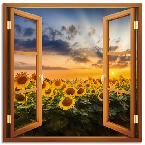 ARTLAND Wanddeko Leinwand Bilder Wandbild 50x50 cm Fensterbilder Fenster Pflanzen Blumen Sonnenblume Sonnenuntergang U5CA