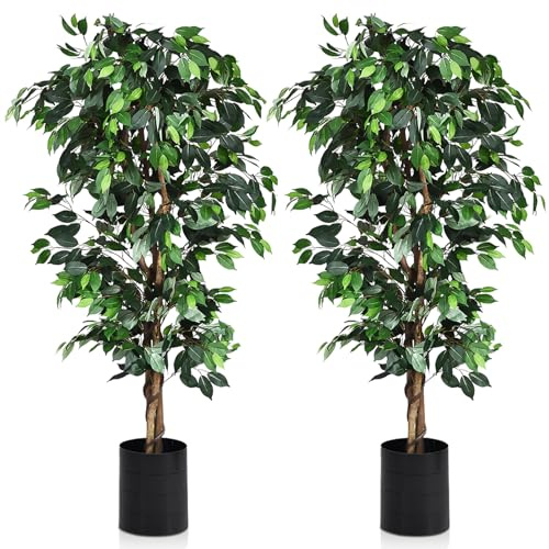 COSTWAY 4FT/6FT Artificial Ficus Tree, Outdoor Fake Ficus Plants with Plastic Pot, Lightweight & Easy to Clean, Greenery Decorative Indoor Artificial Plant for Home Office Living Room (2, 6FT/1.8M)