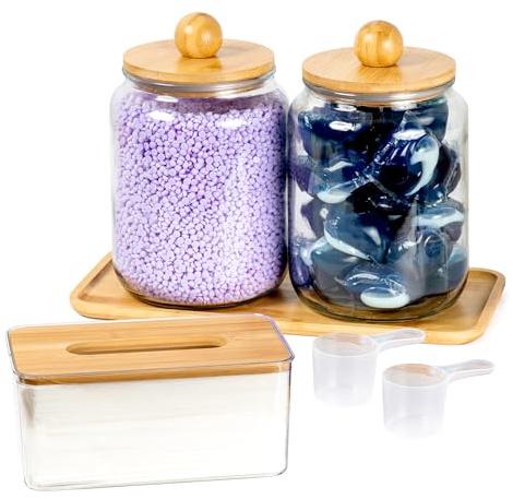 Glass Laundry Jars with Airtight Lids - Kitchen & Laundry Room Organization Containers with Dryer Sheet Holder,Bamboo Tray - Laundry Detergent Powder Half Gallon Storage Canisters with Labels