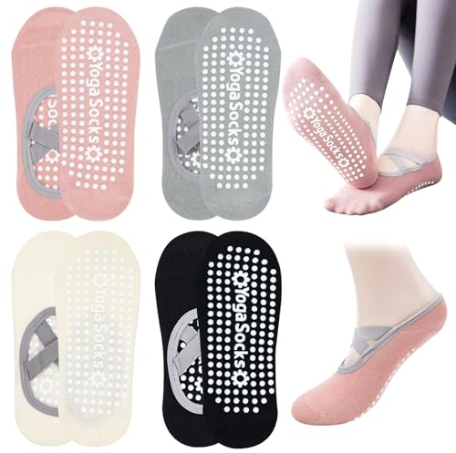 SCROLIEY 4 Paires Yoga Antiderapant Chaussettes, Grip Chaussettes Antidérapantes pour Les Femmes Filles, d'Entraînement Antidérapante pour Yoga Pilates Barre Ballet Femme Homme