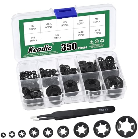 Keadic Lot de 350 rondelles à dents intérieures M2 M2.5 M3 M4 M5 M6 M8 M10 M12 en acier noir finition oxyde Push sur disque Star Lock avec clips de fixation pour voiture