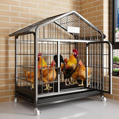 Hühnerstall mit Auslauf für 4 Hühner aus Verdicktem Vierkantrohr mit Schloss und Rädern Drinnen Oder Draußen Vogelkäfig Kleintiere(Color:Black,Size:85 * 60 * 93cm)