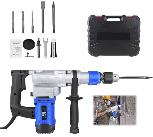 SDS Plus Rotary Hammer, 1800W Power Impact Drill Hammer Pneumatic Vibration Control & 6 Speeds 4500RPM, Electric Demolition Jack Hammer, 360°Rotating Handle, 3 Drill Bits, Grease, Chisel, Hand Case