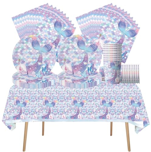 Fuwraixis 61 Pcs Mermaid Party Tableware, Fish Tail Tableware, Tableware for Kids Birthday Party, Paper Cups and Plates Tableware Set, for 20 People