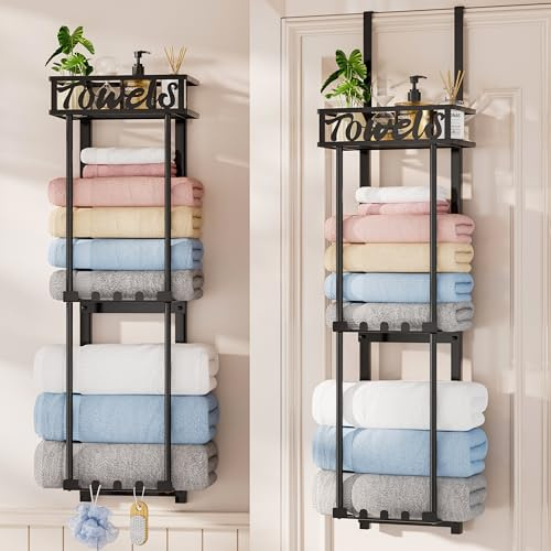 HapiRm Over Door Towel Rack - 3 Tier Towel Rack Wall Mounted with Metal Shelf Basket and 6 Hooks, Space-Saving Bathroom Towel Holder, Bathroom Towel Storage for Small Bathroom Storage & Organisation