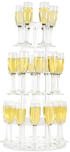 Laumffon Champagnerturm, kreisförmiger Acryl-Champagnerständer mit 28 Schlitzen, 3 Etagen, schwebender Champagnerflötenhalter für Party, Hochzeit, 34 x 34 x 64,8 cm