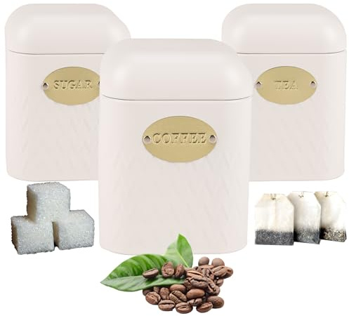 KARL HAUSMANN Küchendosen Set - 3-teiliges - Edelstahl Behälter für Kaffee-Tee-Zucker - Aufbewahrungsdose mit Deckel - Kaffeedose - Zuckerdose - Teedose - Weiss Dosen - Tea Sugar Coffee Jars Set