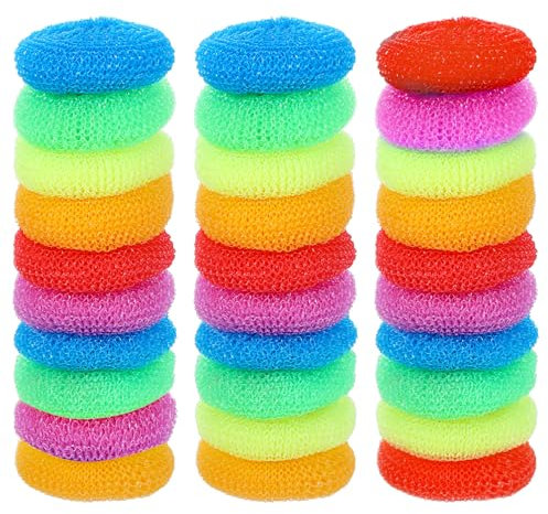 30 Pcs Plastic Dish Scrubbers Round Nylon Dish Scrubber Scouring Pads Plastic Pot Mesh Scouring Dish Pads Kitchen Scrubbers for Dishes Non Scratch Scrubbers for Kitchen Household Cleaning (Multicolor)