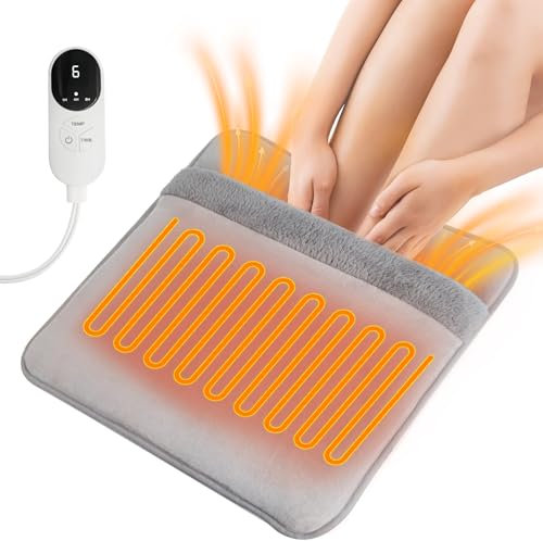 Double Sided Electric Foot Warmer with LCD Display, 6 Heat Settings & 3 Timer, Fast Heating Feet Heating Pad with Auto Shut Off, Non-Slip & Machine Washable Plush, Under Desk for Office/Home/Bed-Gray