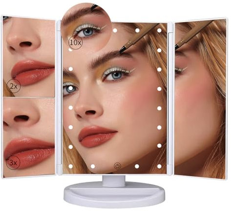 LOIVIYA Vanity Mirror - Cosmetic LED Lighted Makeup Mirror with Tri-Fold 2X 3X 10X Magnification, Touch Screen, 180° Free Rotation, Dual Power Supply