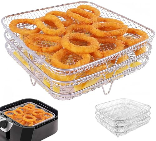 WANDGU Rejilla triple para freidora de aire de 8,2 × 8,2 × 3,7 pulgadas: bandeja cuadrada para freidora de aire, rejilla para freidora de aire de acero inoxidable 304 para horno Ninja