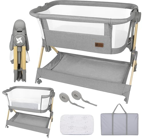 Twinly – Babysäng bekväm med hjul | vikbar och justerbar höjd (5 steg), andas från 0 månader till 9 kg, inkl. madrass, lakan och väska – utan montering (träfärger)