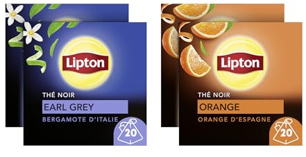 Lipton, Thé Noir, Pack de 4 Boites de thé, x2 Orange d'Espagne + x2 Bergamote d'Italie, 2x40 sachets, 80 Sachets