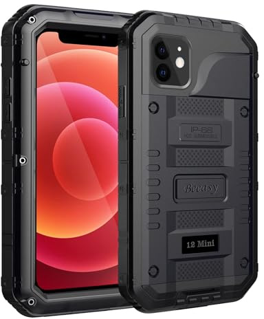 Beeasy für iPhone 12 Mini Wasserdicht Outdoor Hülle, Militär 360 Grad Stoßfest Panzerhülle Schutzhülle mit Displayschutz, Robust Metall Heavy Duty Handyhülle iPhone 12 Mini Case (5,4), Schwarz
