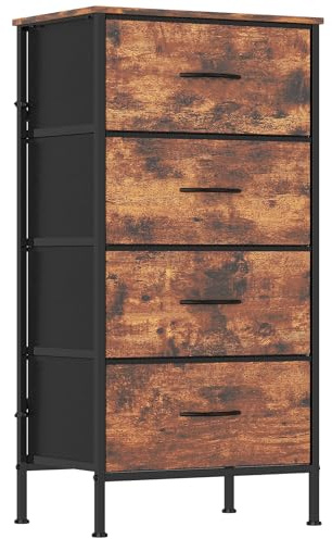 GoaHi Chest of Drawers with 4 Drawer, Fabric Dresser with Wood Top,4 Dresser of Drawer, Large Storage Organizer Unit with 4 Drawers for Bedroom, Kids Room, Living Room, Rustic Brown
