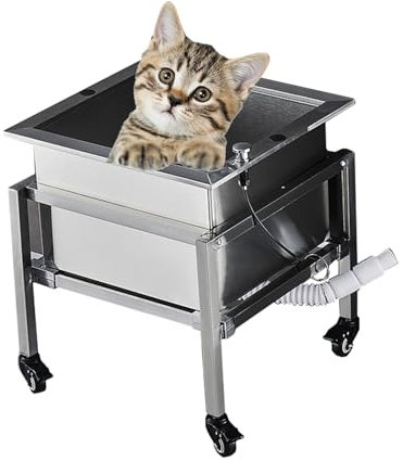 Stainless Steel Pet Dog Bathtub, Small Dog Washing Station for Home Dog Grooming, Pet Shower Sink for Small Pets(48cm/18.8in,with Wheels)