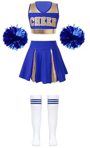 inhzoy Kinder Cheer Leader Outfit Mädchen Cheerleading Rock Oberteil Pompoms Socken Set Fasching Party Tanzkleidung Blau 134-140