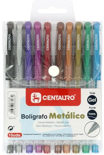 Centauro - Lot de 10 stylos gel de couleurs métalliques, trait moyen, 1 mm, prise en main confortable en caoutchouc, parfait comme matériel scolaire pour écrire et dessiner