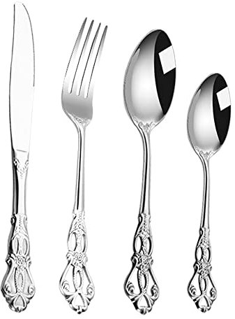 Ensemble d'ustensiles de 24 pièces pour 6 Couverts Comprenant Un Couteau, Une Fourchette, Une cuillère et Une cuillère à café Style Palace 18 10 Acier Inoxydable Poli Miroir Lavable au Lave-Vaisselle