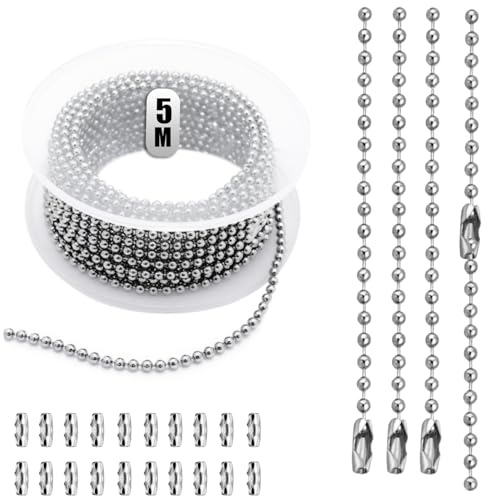 5M Edelstahl Kugelkette, 2,4 mm Edelstahl Perlen Rollenkette Mit 20 kugelketten Verbinder, Silber Durchmesser Kugelkette für DIY Schmuckherstellung Tags Kette Schlüsselanhänger