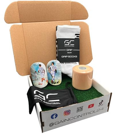 Custom Fußball Box Mini, Set mit personalisierten Schienbeinschonern, Grip Socken, mit Fixierbandage, Fussball Shin Pads, extra Leichter Schienbeinschutz