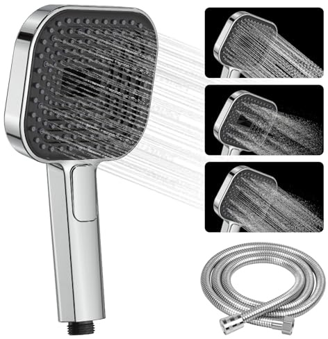 Pommeau de douche grand 135mm haute pression et économie d'eau avec 3 types de jets (pluie/massage/mix), buses en silicone anti-calcaire, design chromé, pour bébés et animaux domestiques, pommeau de