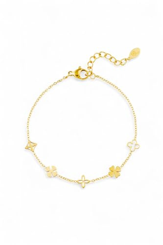 Damen Kleeblatt Armband Gold aus Edelstahl 18kt Vergoldet Vierblättriges Armband Kleeblatt Design für Damen und Mädchen wasserfest nickelfrei Glücksbringer und Glücksklee Geschenk für Frauen