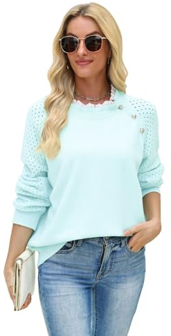 Quatrefox Jumper Sweater Women Fall Winter Knitted Pullover Ladies Patchwork Lace Button Knit Tops Long Sleeve Lightweight Jumpers Sweaters Crew Neck Loose Outfit (Light Blue, M)