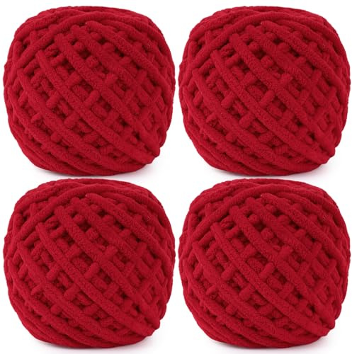 Aeelike Dicke Wolle zum Stricken, 4 x 100g Weiche Baumwollgarn, dicke wolle zum handstricken, Wolle Dickes Garn Flauschig, Chunky Yarn zum Stricken für Decken, Schals, Puppen, Rot