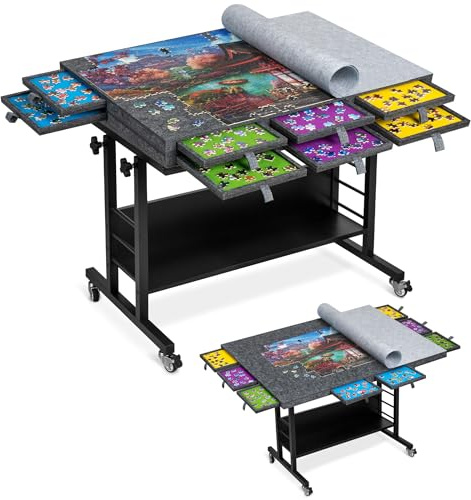 Tektalk 2000 Piece Foldable Felt Jigsaw Puzzle Board with Height Adjustment, Puzzle Table with 2 Felt Cover & 8 Sorting Trays/Drawers, Easel with Legs, Enclosed with 4 Roller Wheels - Dark Gray