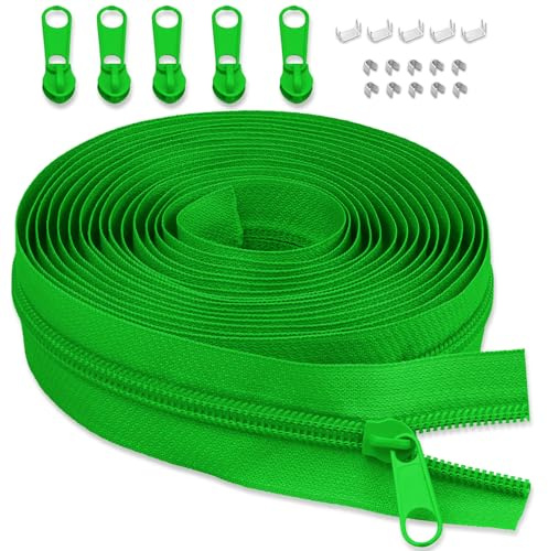 LHZHLE 5mm Endlosreißverschluss Mit Zipper: 3.65m Fluoreszierendes Grün Nylon Reissverschluss - Meterware mit 5 Reißverschlusszügen für Nähen Bettwäsche und Kopfkissen