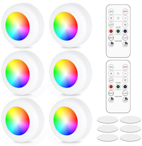 GBKDQQ 6 Stück LED RGB Spots Batteriebetrieben mit Fernbedienung, RGB Schrankbeleuchtung, Unterbauleuchte Vitrinenbeleuchtung Kabellos LED Touch Lampe für Kleiderschrank, Vitrine, Küche, Regal