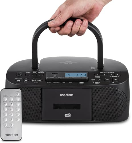 MEDION DRX-1 Plus Boombox (Radio Portable Dab+ et FM, Bluetooth, Lecteur CD, MP3, Cassette, Prise Casque, stéréo, AUX, Secteur & Piles) Noir